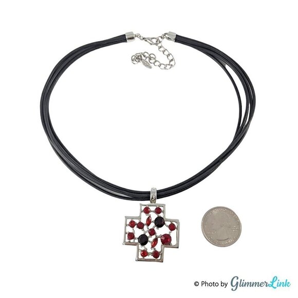 VCLM Multi Strand Black & Red Rhinestone Crystals Cross Pendant Choker Necklace - Picture 3 of 7